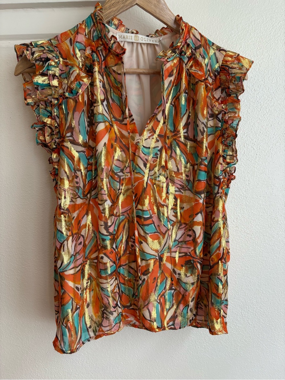 Marie Oliver Orange Multi-Print Ruffle V-Neck Blouse